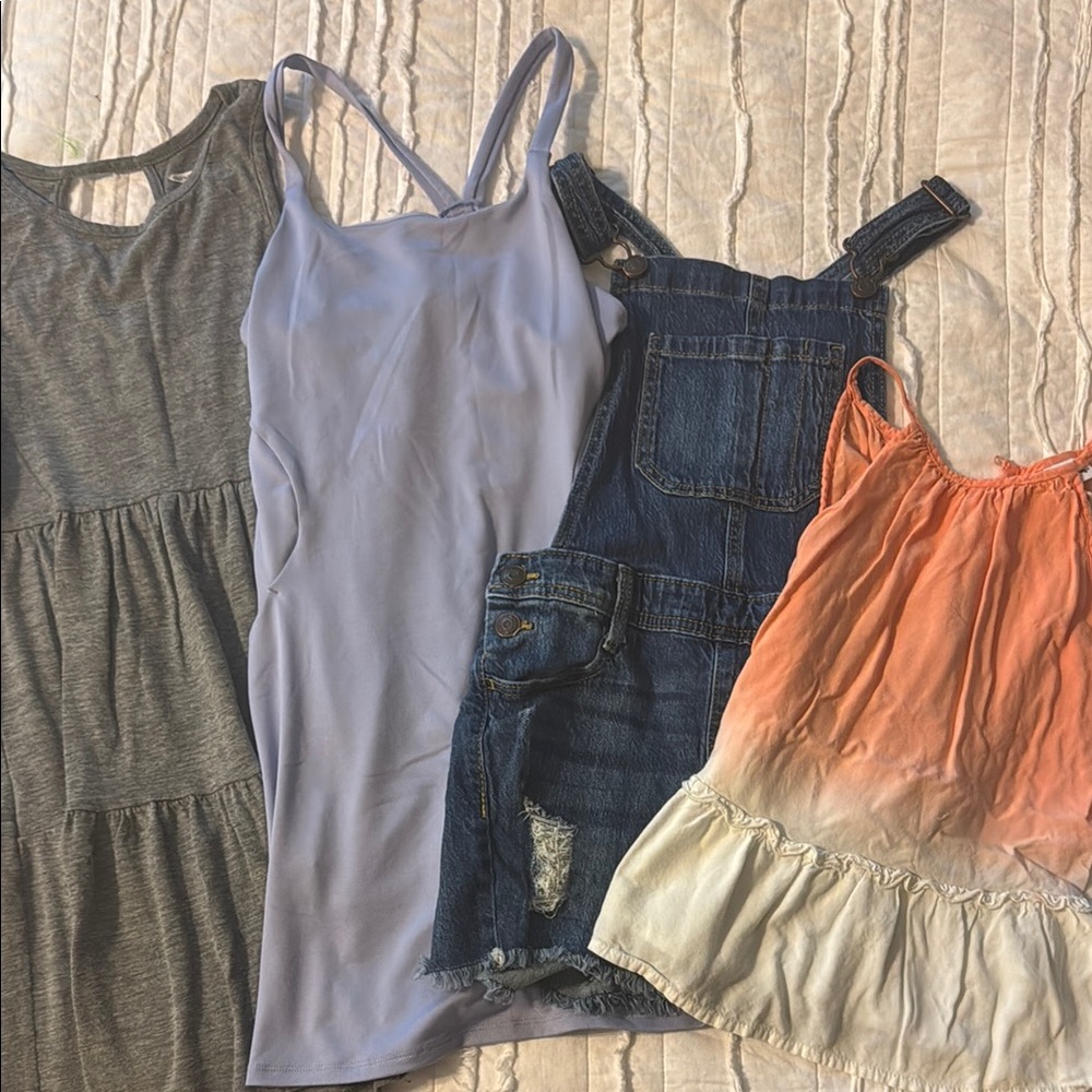 Girls Summer Bundle: Size Medium. Two Dresses, Shorts Overalls & Ombre Top